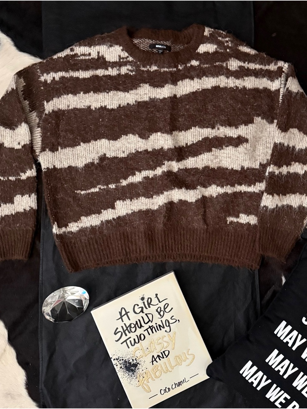 Fashion Nova Brown and Cream Striped Crewneck Sweater